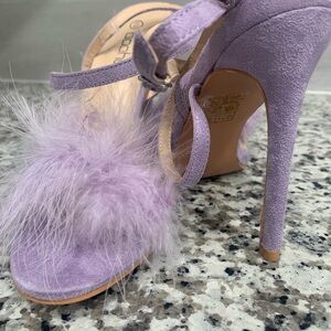 New! Boohoo Lilac Feathered Heels. Label states 6/39 but shoe is actually an 8.